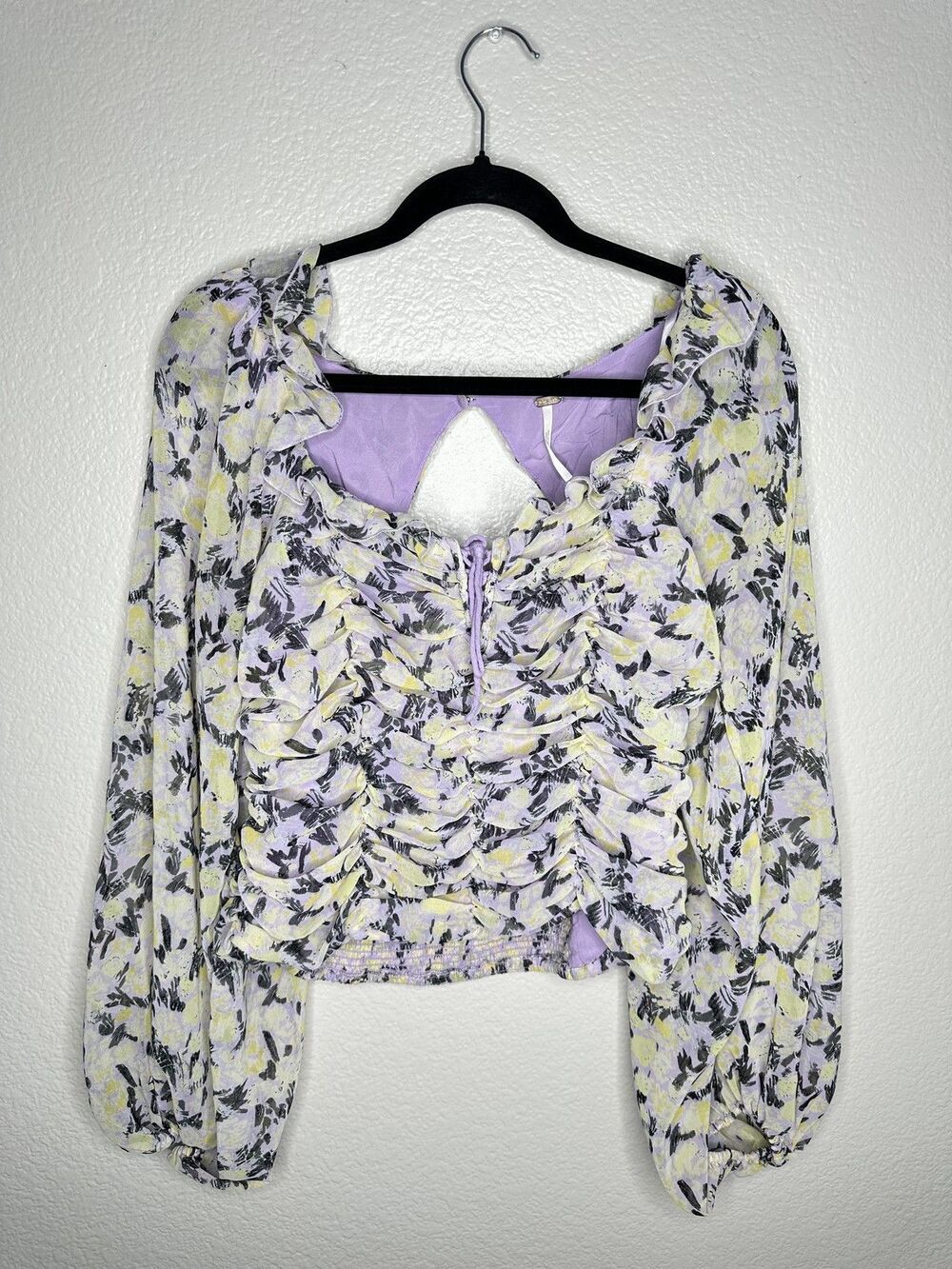 Free People Floral Ruched Blouse Womens Medium Long Sleeve Lace Up Smocked Back
